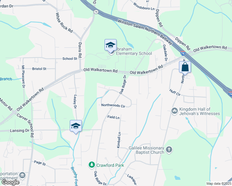map of restaurants, bars, coffee shops, grocery stores, and more near 4614 Oak Ridge Drive in Winston-Salem