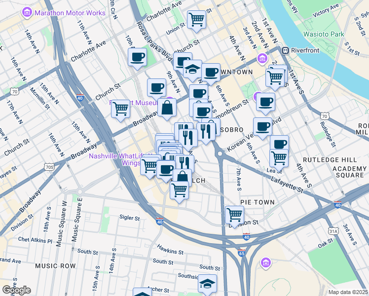 map of restaurants, bars, coffee shops, grocery stores, and more near 209 10th Avenue South in Nashville