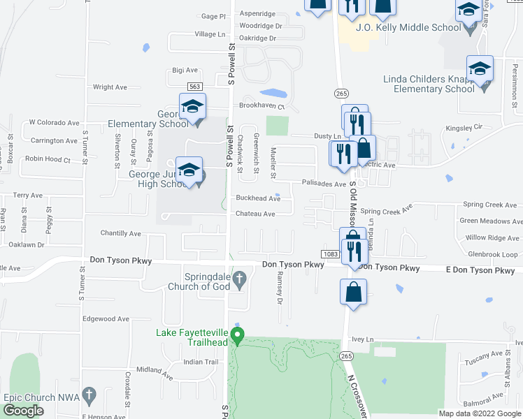 map of restaurants, bars, coffee shops, grocery stores, and more near 742 Chateau Avenue in Springdale