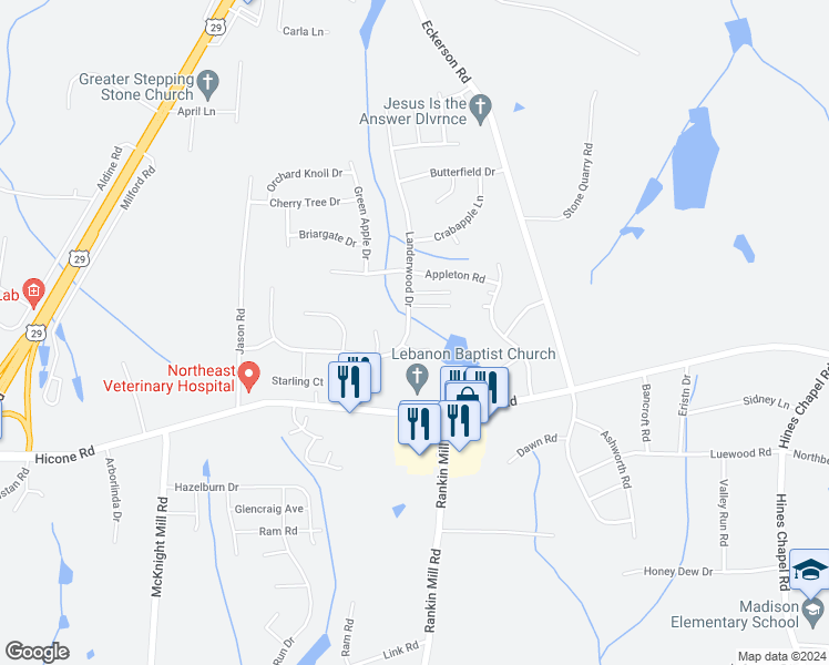 map of restaurants, bars, coffee shops, grocery stores, and more near 4114 Landerwood Drive in Greensboro