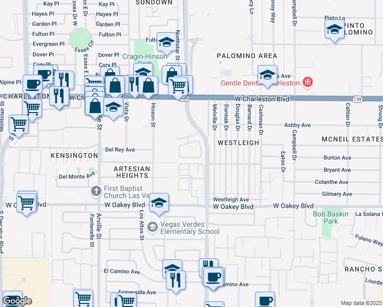 map of restaurants, bars, coffee shops, grocery stores, and more near 1600 South Valley View Boulevard in Las Vegas