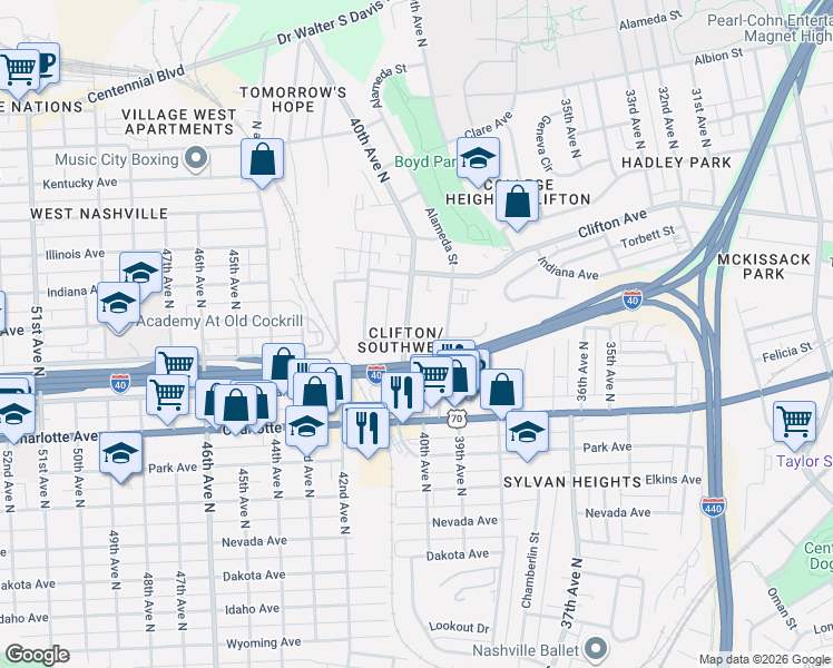 map of restaurants, bars, coffee shops, grocery stores, and more near 515 39th Avenue North in Nashville