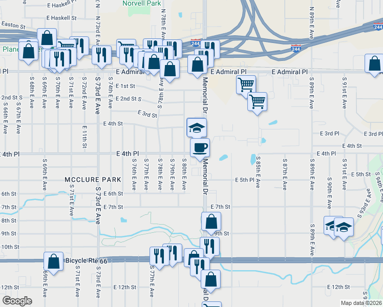 map of restaurants, bars, coffee shops, grocery stores, and more near 8024 East 4th Place in Tulsa