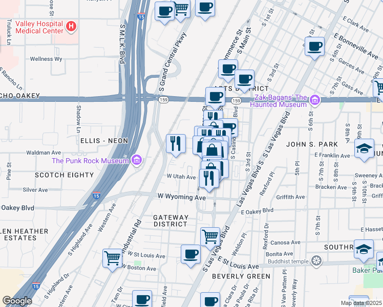map of restaurants, bars, coffee shops, grocery stores, and more near 250 W Utah Ave in Las Vegas