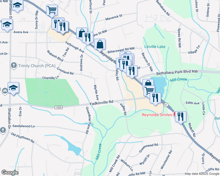 map of restaurants, bars, coffee shops, grocery stores, and more near 4523 June Avenue in Winston-Salem