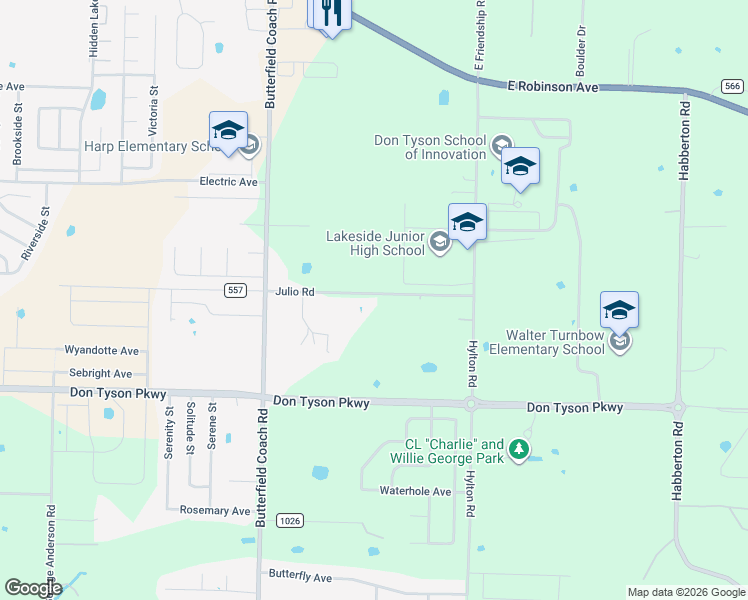 map of restaurants, bars, coffee shops, grocery stores, and more near 3679 County Road 557 in Springdale