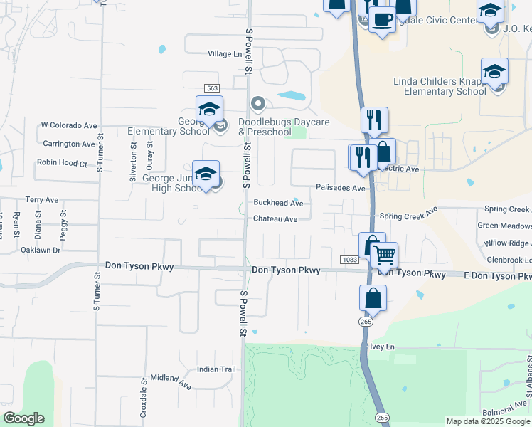 map of restaurants, bars, coffee shops, grocery stores, and more near 3425 Acorn Falls Lane in Springdale