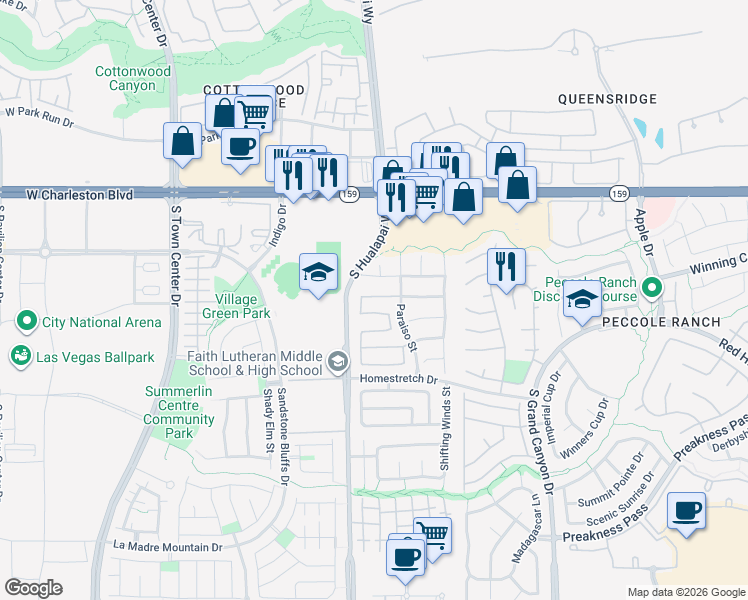 map of restaurants, bars, coffee shops, grocery stores, and more near 10009 Via Dolores Avenue in Las Vegas