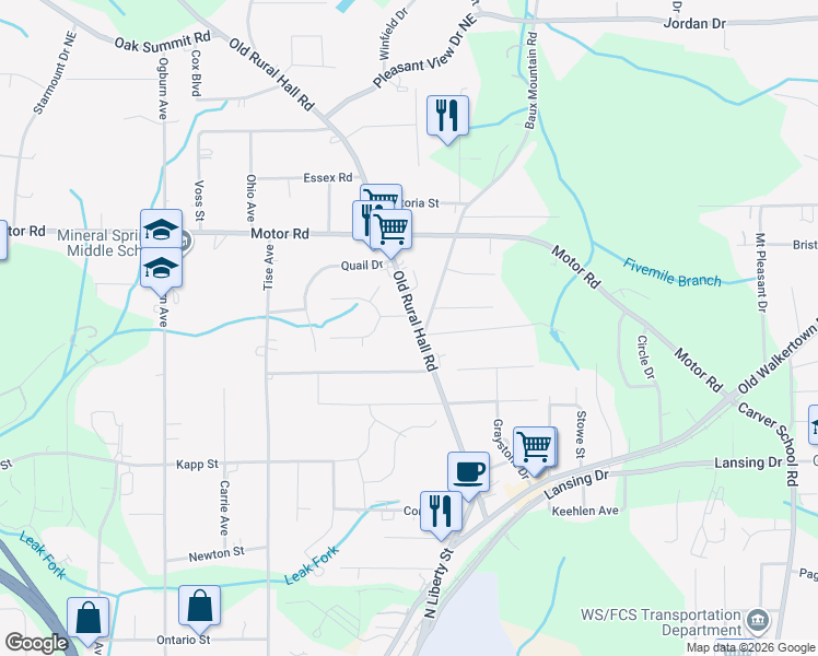 map of restaurants, bars, coffee shops, grocery stores, and more near 4647 Old Rural Hall Road in Winston-Salem