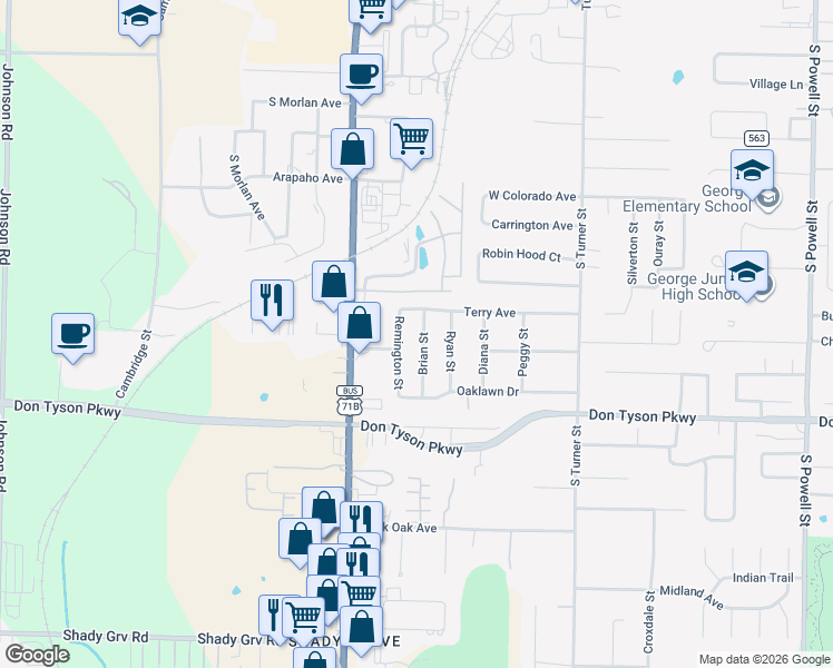 map of restaurants, bars, coffee shops, grocery stores, and more near 3420 Brian Street in Springdale