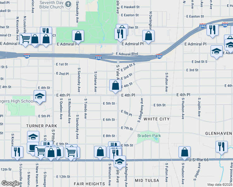 map of restaurants, bars, coffee shops, grocery stores, and more near 4731 East 4th Place in Tulsa