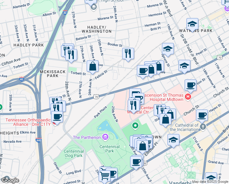 map of restaurants, bars, coffee shops, grocery stores, and more near 2500 Charlotte Avenue in Nashville