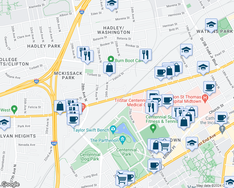 map of restaurants, bars, coffee shops, grocery stores, and more near 2500 Charlotte Avenue in Nashville