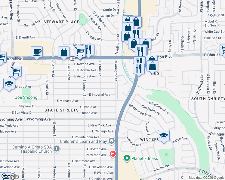 map of restaurants, bars, coffee shops, grocery stores, and more near 4939 East Yuma Avenue in Las Vegas