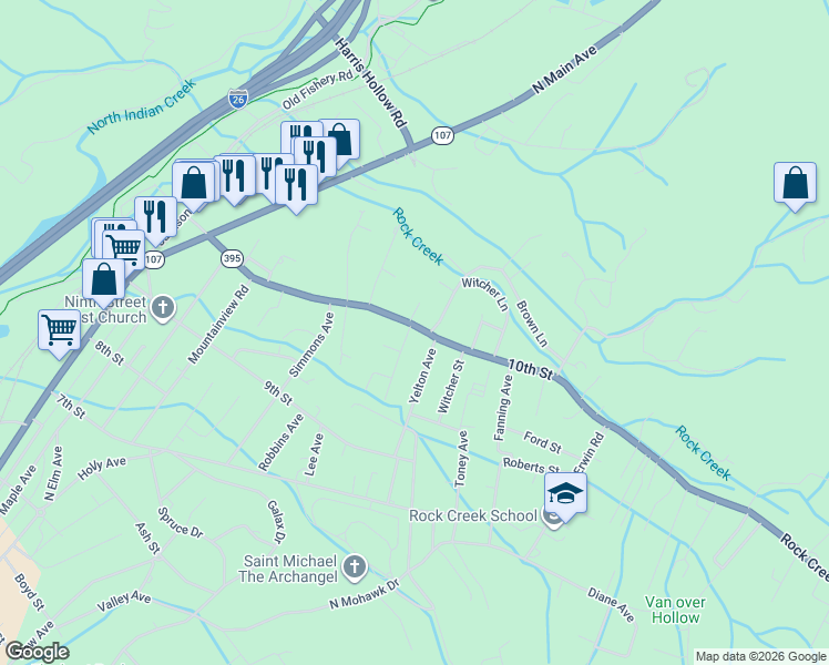 map of restaurants, bars, coffee shops, grocery stores, and more near 529 Rock Creek Road in Erwin