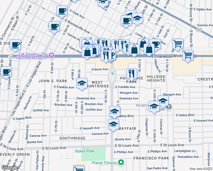 map of restaurants, bars, coffee shops, grocery stores, and more near 1101 Franklin Avenue in Las Vegas