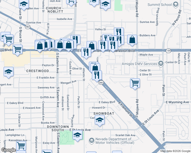 map of restaurants, bars, coffee shops, grocery stores, and more near 128 Fremont St in Las Vegas