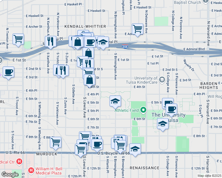 map of restaurants, bars, coffee shops, grocery stores, and more near 2536 East 4th Street in Tulsa