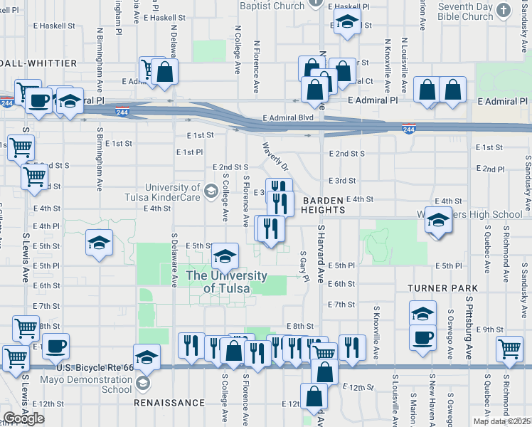 map of restaurants, bars, coffee shops, grocery stores, and more near 3128 East 4th Street in Tulsa