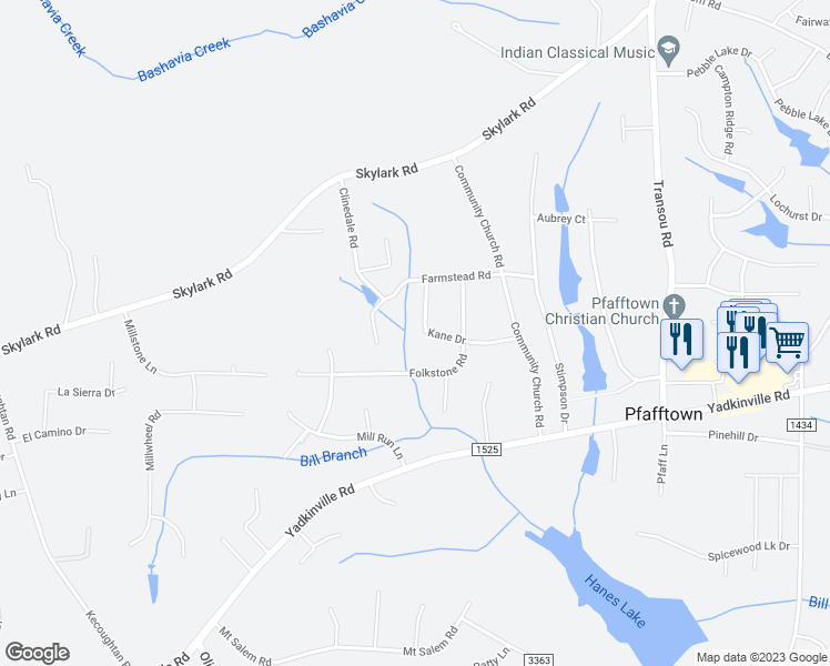 map of restaurants, bars, coffee shops, grocery stores, and more near 5601 Kane Drive in Pfafftown