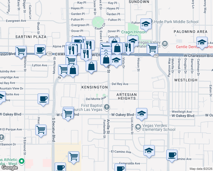 map of restaurants, bars, coffee shops, grocery stores, and more near 1415 South Arville Street in Las Vegas