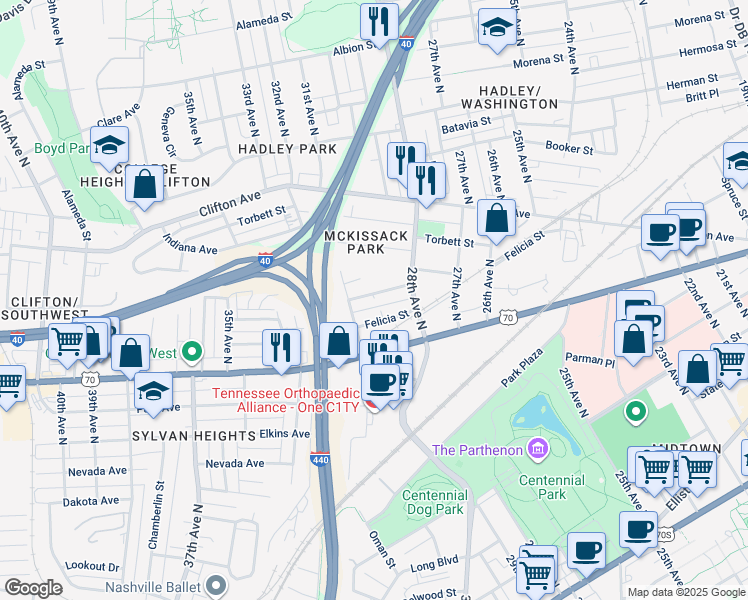 map of restaurants, bars, coffee shops, grocery stores, and more near 2808 Delaware Avenue in Nashville