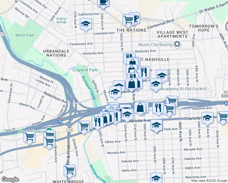 map of restaurants, bars, coffee shops, grocery stores, and more near 5215 Indiana Avenue in Nashville