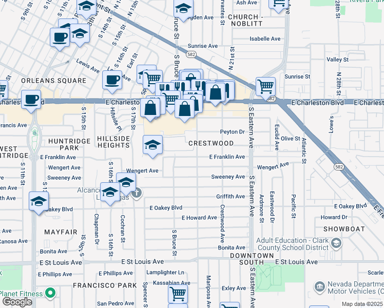map of restaurants, bars, coffee shops, grocery stores, and more near 1821 Franklin Avenue in Las Vegas