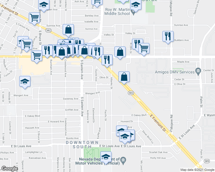 map of restaurants, bars, coffee shops, grocery stores, and more near 1220 Atlantic Street in Las Vegas