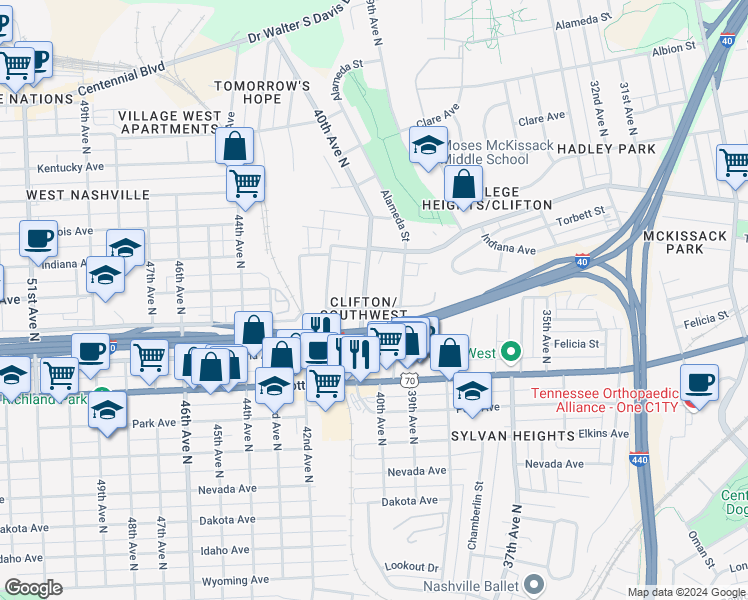 map of restaurants, bars, coffee shops, grocery stores, and more near 609 39th Avenue North in Nashville