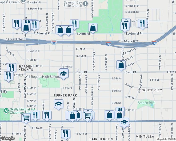 map of restaurants, bars, coffee shops, grocery stores, and more near 242 South Richmond Avenue in Tulsa
