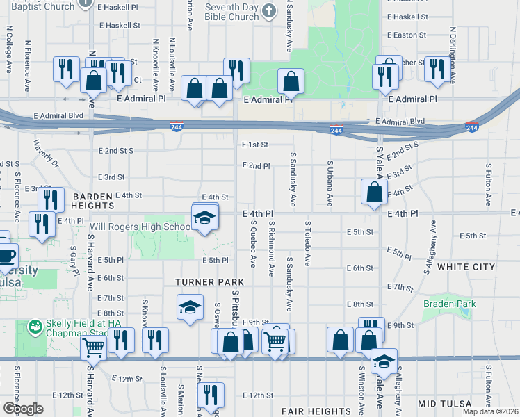 map of restaurants, bars, coffee shops, grocery stores, and more near 242 South Richmond Avenue in Tulsa