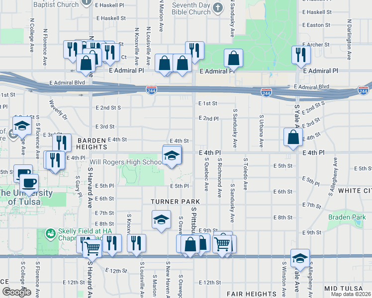 map of restaurants, bars, coffee shops, grocery stores, and more near 3925 East 4th Street in Tulsa