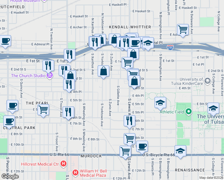 map of restaurants, bars, coffee shops, grocery stores, and more near 320 South Zunis Avenue in Tulsa