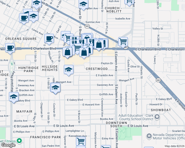 map of restaurants, bars, coffee shops, grocery stores, and more near 1905 East Franklin Avenue in Las Vegas