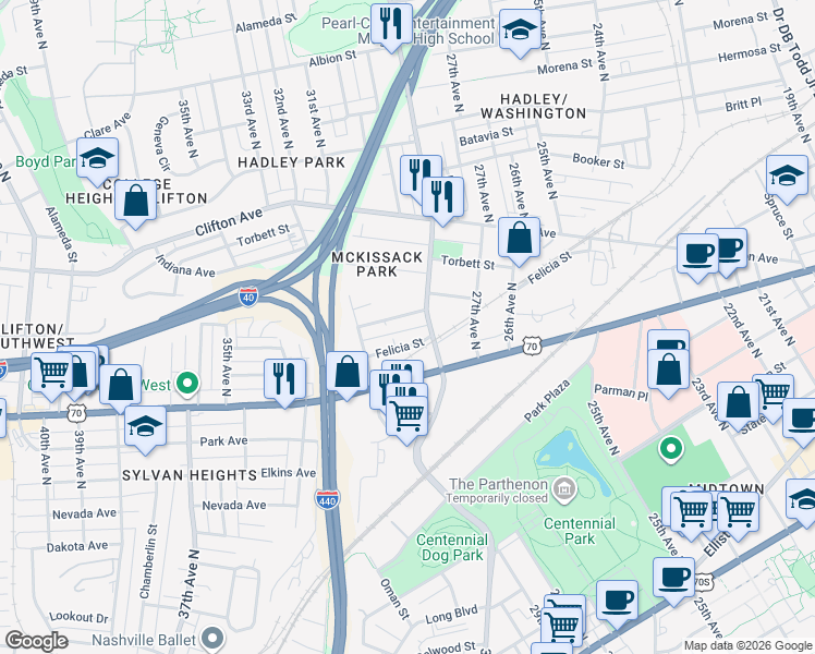 map of restaurants, bars, coffee shops, grocery stores, and more near 2808 Delaware Avenue in Nashville