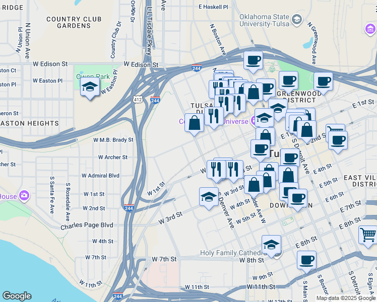 map of restaurants, bars, coffee shops, grocery stores, and more near in Tulsa