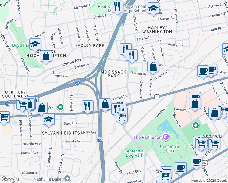 map of restaurants, bars, coffee shops, grocery stores, and more near 2808 Delaware Avenue in Nashville