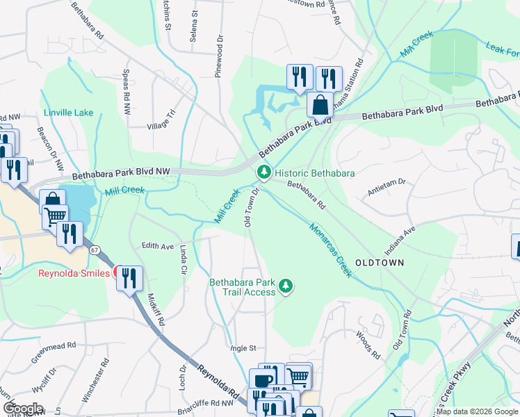 map of restaurants, bars, coffee shops, grocery stores, and more near 2025 Clyde Hayes Dr in Winston-Salem