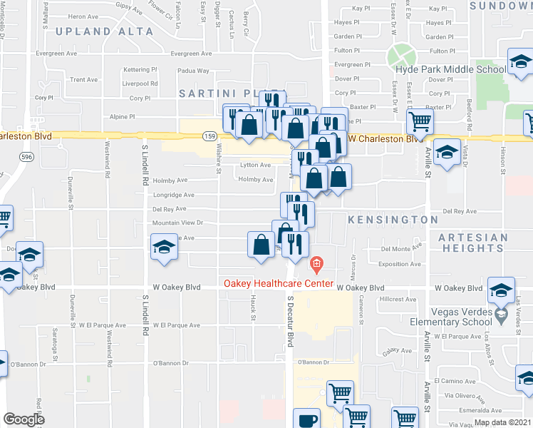 map of restaurants, bars, coffee shops, grocery stores, and more near 5125 Del Rey Avenue in Las Vegas