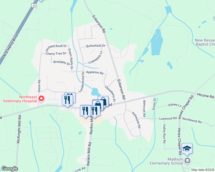 map of restaurants, bars, coffee shops, grocery stores, and more near 5700 Chinaberry Place in Greensboro