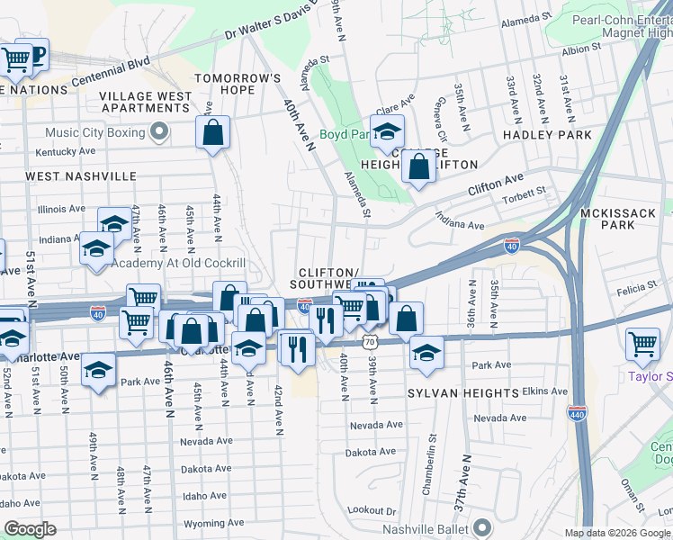 map of restaurants, bars, coffee shops, grocery stores, and more near 609 39th Avenue North in Nashville