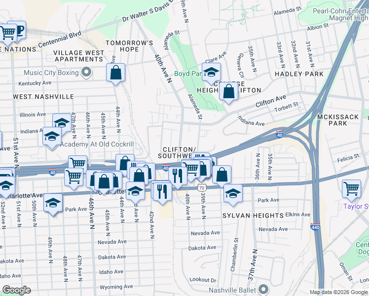 map of restaurants, bars, coffee shops, grocery stores, and more near 609 39th Avenue North in Nashville