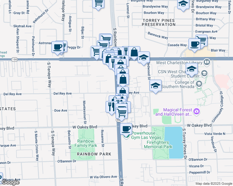 map of restaurants, bars, coffee shops, grocery stores, and more near S Rainbow Blvd & Del Rey Ave in Las Vegas