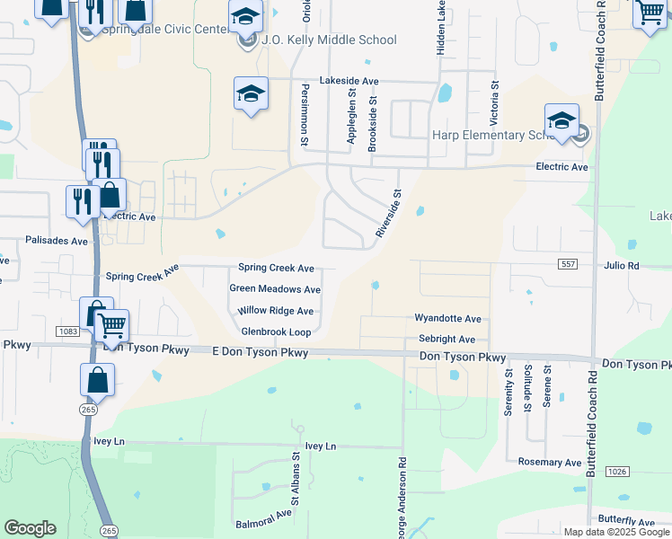 map of restaurants, bars, coffee shops, grocery stores, and more near 2257 Spring Creek Avenue in Springdale