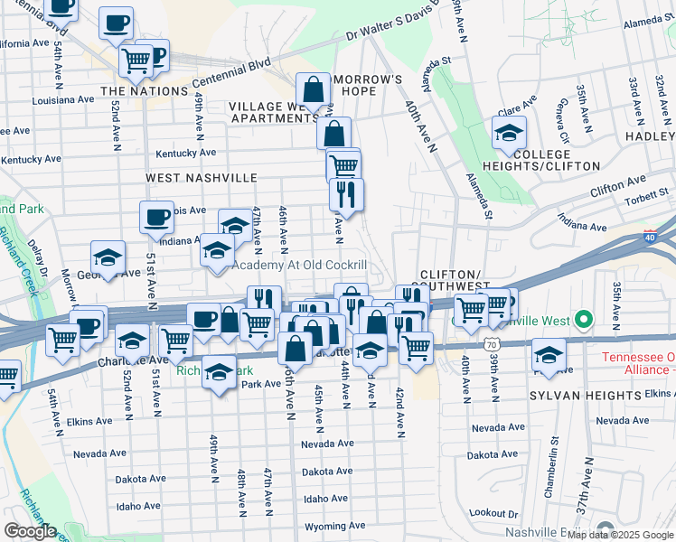 map of restaurants, bars, coffee shops, grocery stores, and more near 4401 Georgia Avenue in Nashville