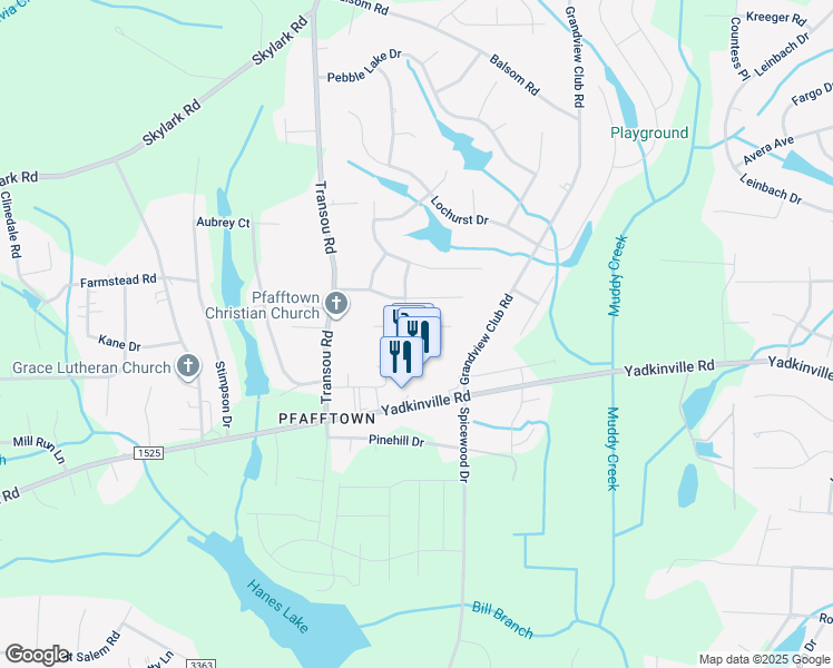 map of restaurants, bars, coffee shops, grocery stores, and more near 4572 Bottoms Rock Lane in Pfafftown