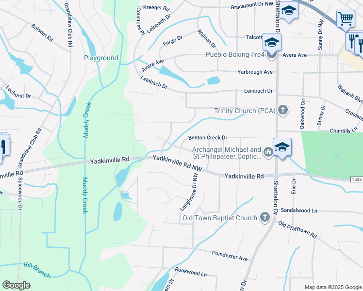 map of restaurants, bars, coffee shops, grocery stores, and more near 4145 Benton Creek Drive in Winston-Salem