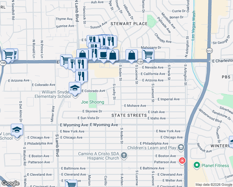 map of restaurants, bars, coffee shops, grocery stores, and more near 4551 East Colorado Avenue in Las Vegas