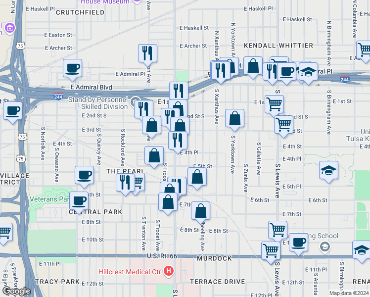 map of restaurants, bars, coffee shops, grocery stores, and more near 317 South Victor Avenue in Tulsa